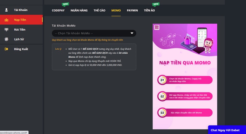 Bật mí cách rút và nạp tiền Dabet cực dễ dàng cho tân binh 5 Momo Là Một Trong Các Phương Thức Nạp Mà Nhà Cái Đang Cung Cấp