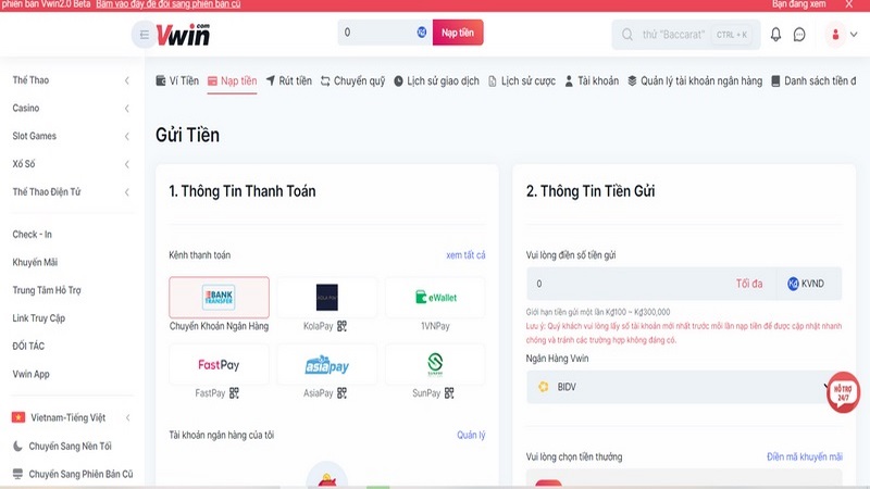 Nạp tiền Vwin - Hướng dẫn cách gửi tiền nhanh cho người mới 1 Phương Thức Thanh Toán Trang Cược Vwin Đang Hỗ Trợ
